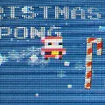Textul Christmas Pong pe un fundal albastru cu un personaj pixelat de Crăciun și bastoane de zahăr