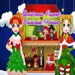 Două fete îmbrăcate în costume festive de Crăciun stau în fața unei case colorate de păpuși, cu stele atârnând de cerul nopții