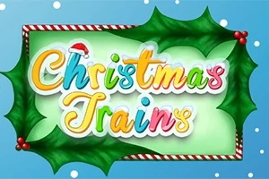 Scris colorat Christmas Trains încadrat de frunze de vâsc și zăpadă pe fundal albastru