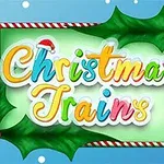 Scris colorat Christmas Trains încadrat de frunze de vâsc și zăpadă pe fundal albastru