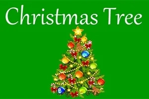 Brad de Crăciun decorat cu globuri colorate și stea aurie deasupra, pe fundal verde și text Christmas Tree