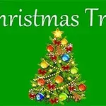 Brad de Crăciun decorat cu globuri colorate și stea aurie deasupra, pe fundal verde și text Christmas Tree