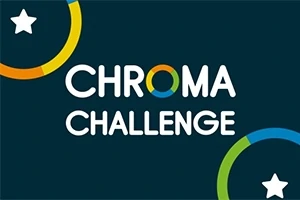Textul „Chroma Challenge” pe un fundal albastru închis, cu inele colorate parțial și stele albe