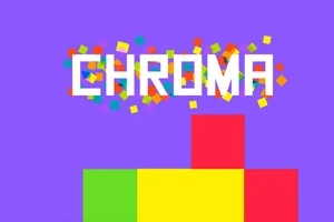 Textul „CHROMA” înconjurat de pătrate colorate pe un fundal mov, cu blocuri verde, galben și roșu în partea de jos