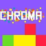 Textul „CHROMA” înconjurat de pătrate colorate pe un fundal mov, cu blocuri verde, galben și roșu în partea de jos