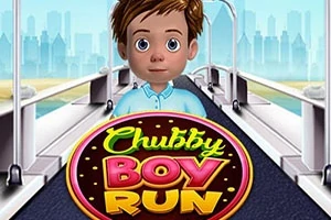 Băiat cu păr brun și cămașă albastră pe un pod, cu un text colorat Chubby Boy Run în prim-plan