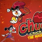 Trei personaje animate colorate pe un fundal roșu, alături de textul Chuck Chicken The Magic Egg