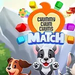 Trei cățeluși desenați animat stând în fața unui fundal cu munți și un logo colorat deasupra