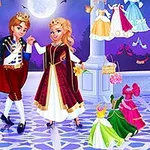 Prinț și prințesă într-o sală de bal, înconjurați de haine elegante și accesorii