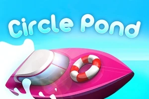 Barcă roz cu geam frontale și colac de salvare pe un fundal albastru, cu textul Circle Pond deasupra