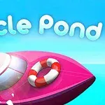 Barcă roz cu geam frontale și colac de salvare pe un fundal albastru, cu textul Circle Pond deasupra