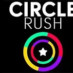 Textul Circle Rush deasupra unor cercuri colorate concentrice cu o stea albă în centru, pe fundal negru