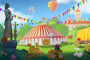 O scenă de carnaval vibrantă cu un cort mare în dungi roșii și albe, decorațiuni colorate și un balon cu aer cald pe fundal