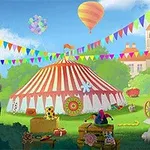 O scenă de carnaval vibrantă cu un cort mare în dungi roșii și albe, decorațiuni colorate și un balon cu aer cald pe fundal