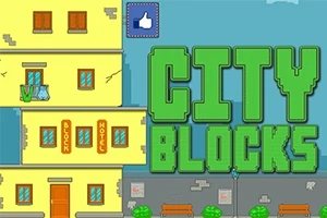 Imaginea afișează o clădire galbenă cu ferestre și uși maronii și textul City Blocks scris cu litere mari verzi pe un fundal albastru