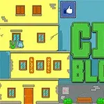 Imaginea afișează o clădire galbenă cu ferestre și uși maronii și textul City Blocks scris cu litere mari verzi pe un fundal albastru