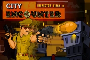 Inspector în uniformă de poliție trăgând cu pistolul într-un oraș pe fundal, sub titlul City Encounter