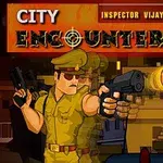 Inspector în uniformă de poliție trăgând cu pistolul într-un oraș pe fundal, sub titlul City Encounter