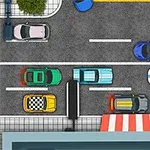 Imaginea arată o stradă cu trei benzi, pe care circulă mașini colorate, văzută de sus, lângă un trotuar și un acoperiș cu dungi roșii și albe