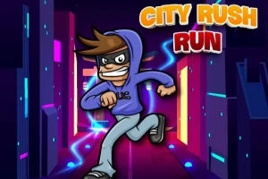 Personaj animat cu glugă albastră alergând într-un oraș futurist, iluminat cu neon, cu textul City Rush Run în colțul din dreapta sus