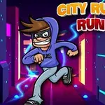 Personaj animat cu glugă albastră alergând într-un oraș futurist, iluminat cu neon, cu textul City Rush Run în colțul din dreapta sus