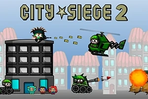 Personaje animate și vehicule militare într-un peisaj urban cu clădiri și explozii