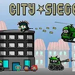Personaje animate și vehicule militare într-un peisaj urban cu clădiri și explozii