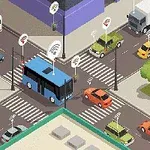 Intersecție animată cu vehicule diverse, inclusiv un autobuz albastru, mașini colorate și indicatori de semnal wireless deasupra acestora