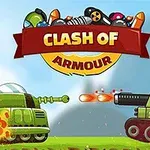 Două tancuri verzi, unul în stânga trăgând cu un tun și celălalt în dreapta ripostând cu proiectile, sub un banner cu titlul Clash of Armour