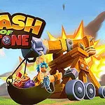 Un tun din lemn și metal care lansează o catapultă cu personaje animate în fața unui fundal cu peisaj montan și cer senin