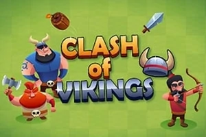 Trei personaje în stil viking, un butoi, o sabie, un coif cu coarne și un arc, cu textul Clash of Vikings pe un fundal verde
