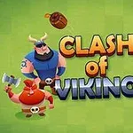 Trei personaje în stil viking, un butoi, o sabie, un coif cu coarne și un arc, cu textul Clash of Vikings pe un fundal verde