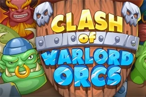 Text colorat Clash of Warlord Orcs pe un fundal cu orci și elemente fantasy