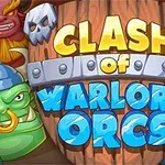 Text colorat Clash of Warlord Orcs pe un fundal cu orci și elemente fantasy