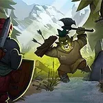 Un războinic troll cu un topor atacă doi soldați într-o pădure montană