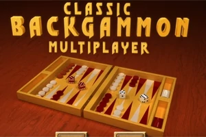 Joc de table cu zaruri și piese albe și maro pe un fundal de lemn, cu titlul Classic Backgammon Multiplayer