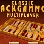 Joc de table cu zaruri și piese albe și maro pe un fundal de lemn, cu titlul Classic Backgammon Multiplayer