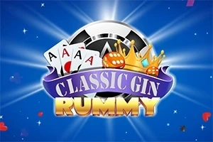 Cărți de joc cu ași, o coroană și textul Classic Gin Rummy pe un fundal albastru cu efecte de lumini