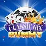 Cărți de joc cu ași, o coroană și textul Classic Gin Rummy pe un fundal albastru cu efecte de lumini