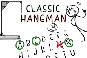 Ilustrație alb-negru cu un personaj stilizat și litere aranjate circular; textul „Classic Hangman” este deasupra