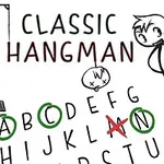 Ilustrație alb-negru cu un personaj stilizat și litere aranjate circular; textul „Classic Hangman” este deasupra