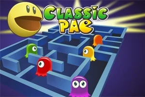 Un labirint 3D albastru populat de patru fantome colorate, cu un personaj galben și textul Classic Pac deasupra