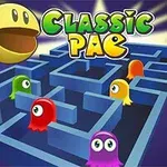 Un labirint 3D albastru populat de patru fantome colorate, cu un personaj galben și textul Classic Pac deasupra