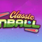 Textul „Classic Pinball” pe un fundal gradient roz și albastru, cu două aripioare de pinball