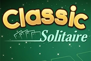 Textul Classic Solitaire pe un fundal verde cu cărți de joc stilizate și stele