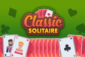 Cărți de joc cu design colorat pe un fundal verde cu text Classic Solitaire