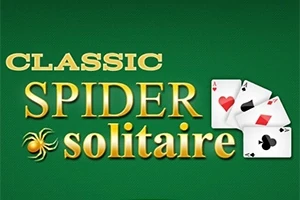 Text pe fundal verde cu titlul Classic Spider Solitaire și trei cărți de joc cu simboluri de inimă roșie, treflă și pică