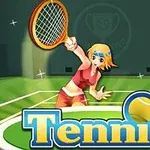 Fată blondă desenată animat, jucând tenis pe un teren cu o rachetă, având un panou cu textul Tennis dedesubt