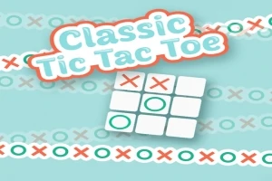 Textul „Classic Tic Tac Toe” deasupra unui tabel de joc cu X-uri și O-uri, pe un fundal albastru deschis cu modele de X-uri și O-uri