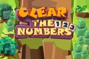 Textul „Clear the Numbers” colorat și stilizat pe un fundal cu design geometric de copaci și forme stâncoase